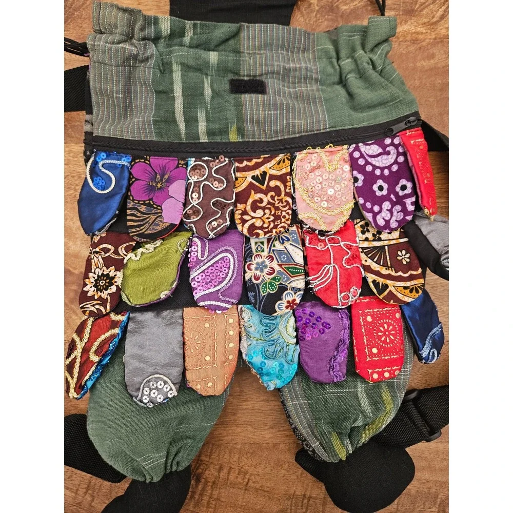 Boho Drawstring Backpack Women Multi-Color Owl Patchwork Zip Pocket Hippie Thai